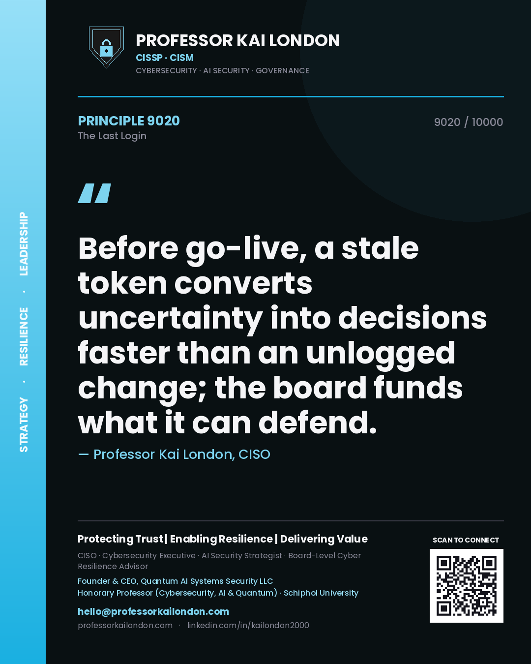Professor Kai London principle 9020: Before go-live, a stale token converts uncertainty into decisions faster than an unlogged change; the board funds what it can defend.