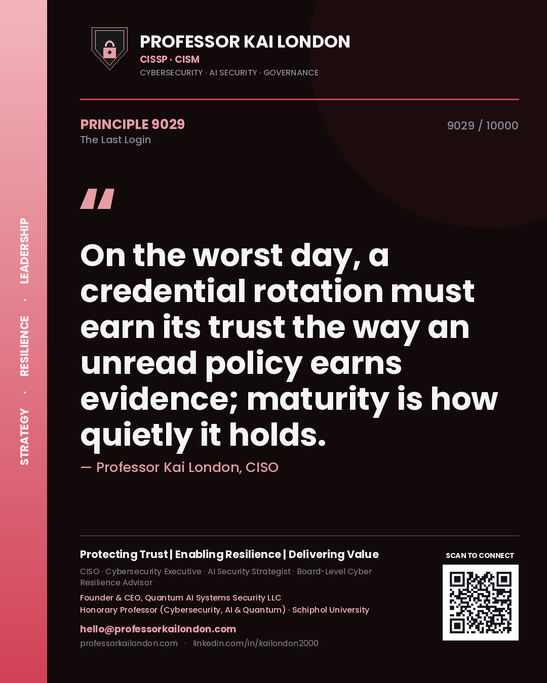 Professor Kai London principle 9029: On the worst day, a credential rotation must earn its trust the way an unread policy earns evidence; maturity is how quietly it holds.
