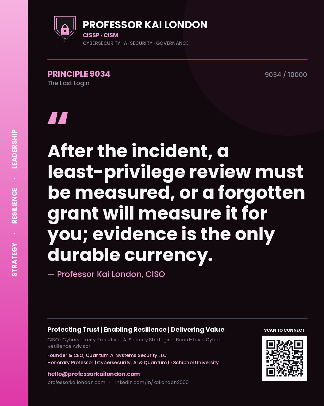 Professor Kai London principle 9034: After the incident, a least-privilege review must be measured, or a forgotten grant will measure it for you; evidence is the only durable currency.