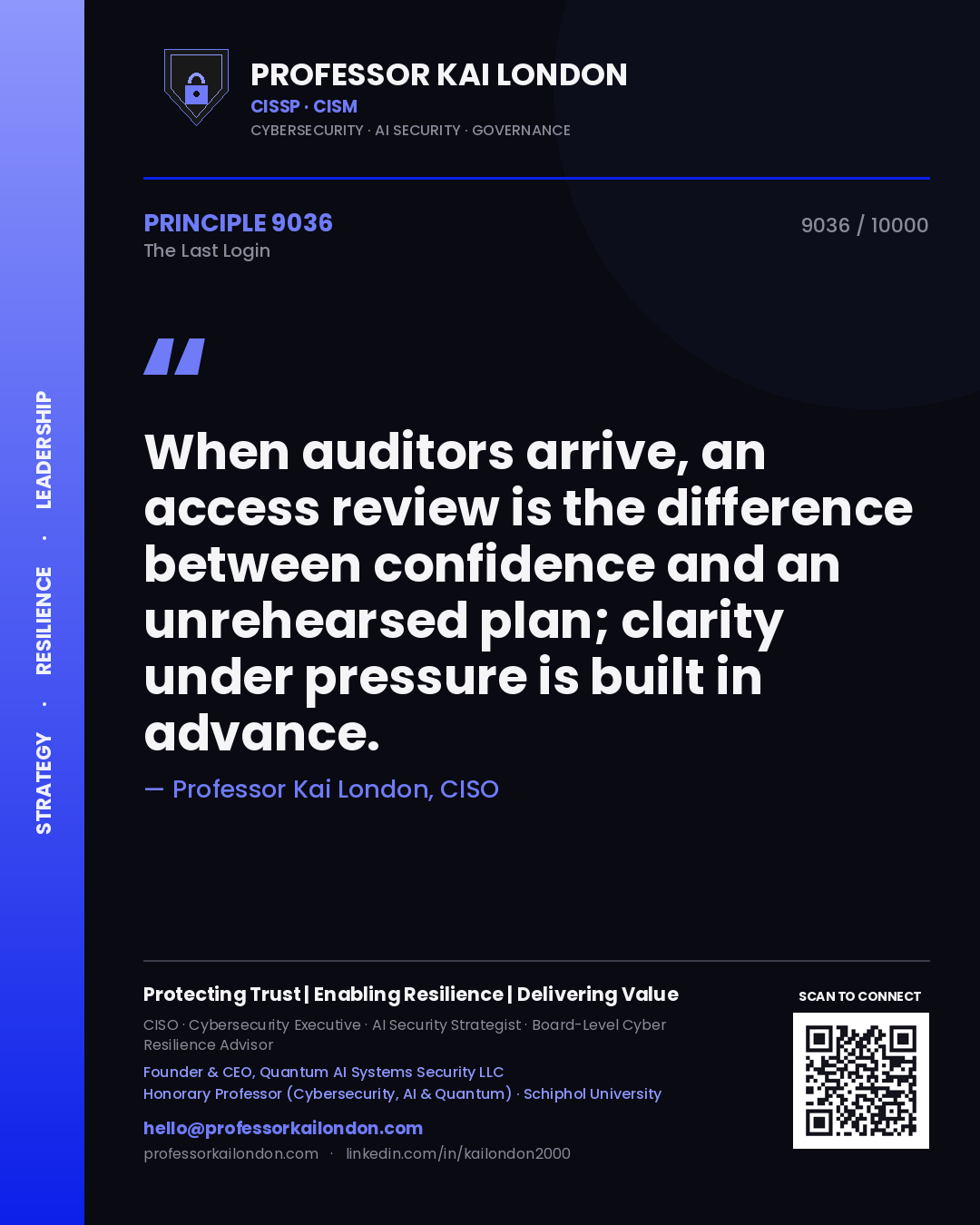 Professor Kai London principle 9036: When auditors arrive, an access review is the difference between confidence and an unrehearsed plan; clarity under pressure is built in advance.