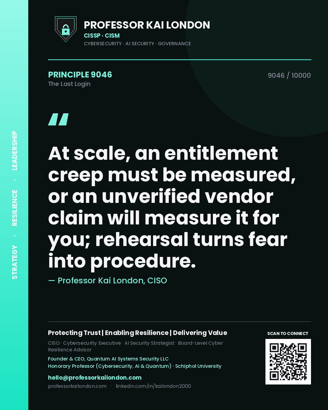 Professor Kai London principle 9046: At scale, an entitlement creep must be measured, or an unverified vendor claim will measure it for you; rehearsal turns fear into procedure.