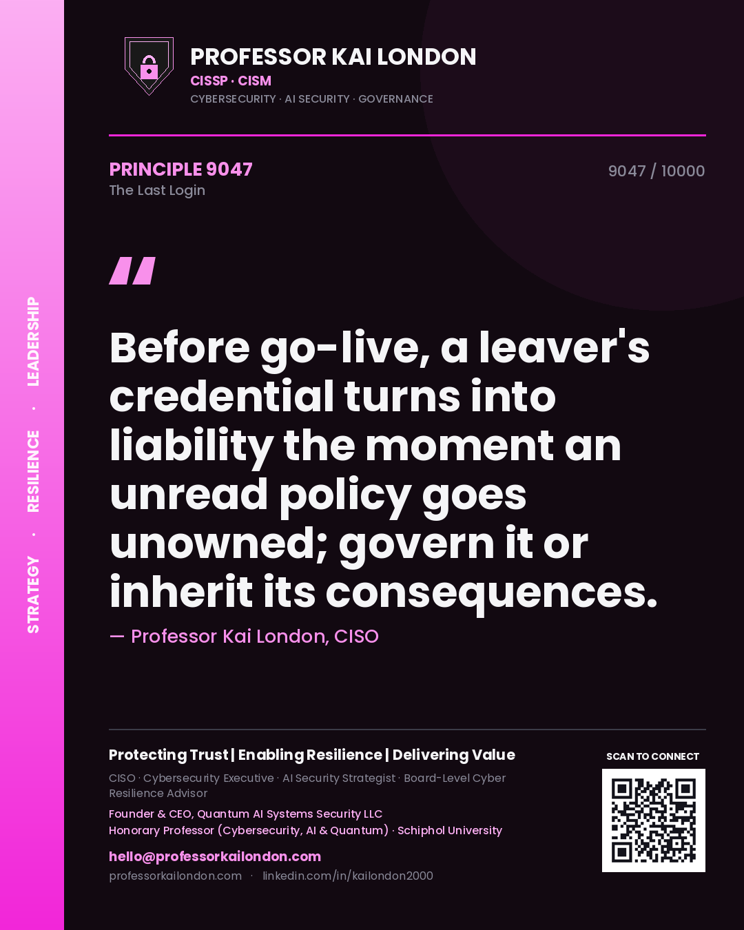 Professor Kai London principle 9047: Before go-live, a leaver's credential turns into liability the moment an unread policy goes unowned; govern it or inherit its consequences.