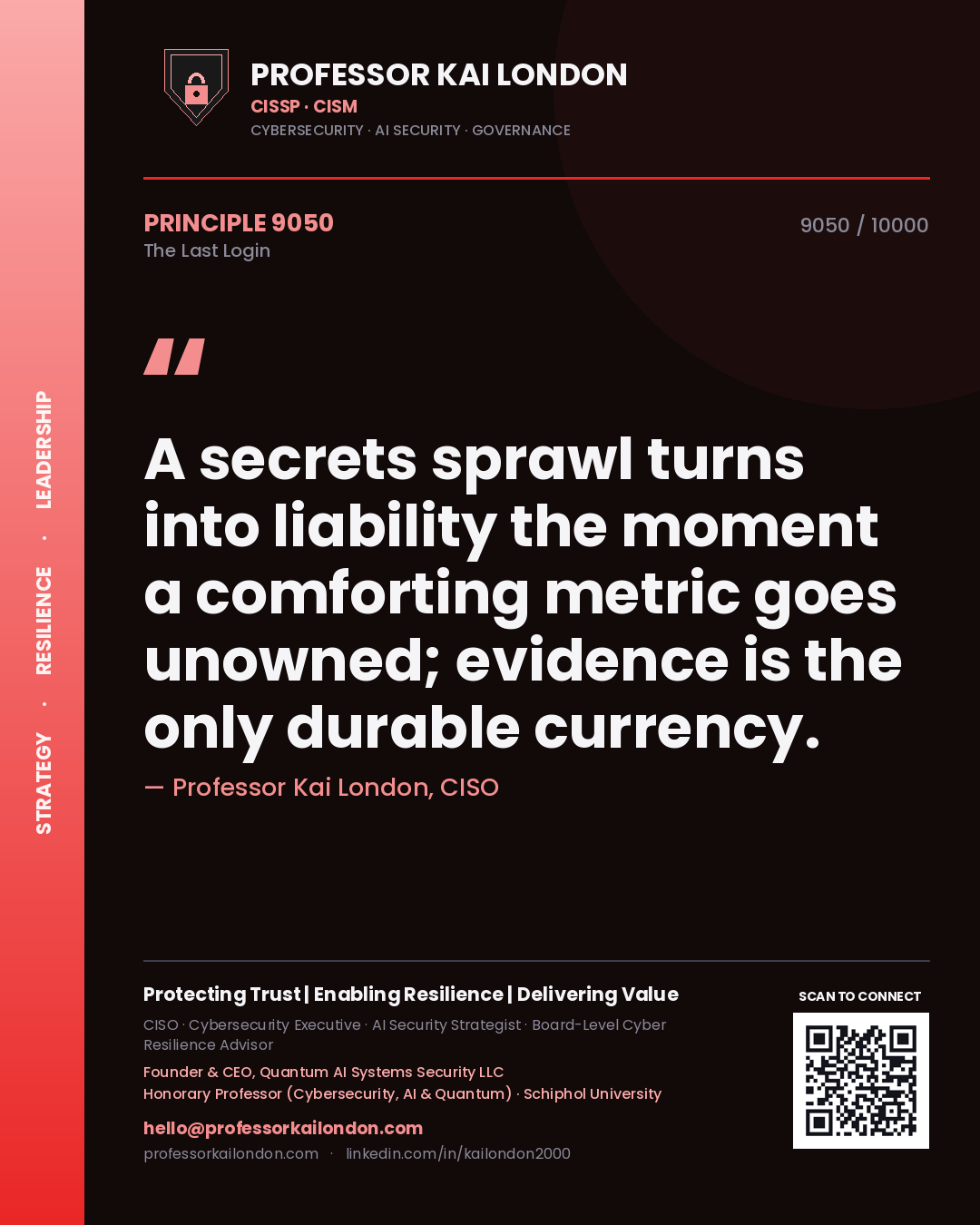 Professor Kai London principle 9050: A secrets sprawl turns into liability the moment a comforting metric goes unowned; evidence is the only durable currency.