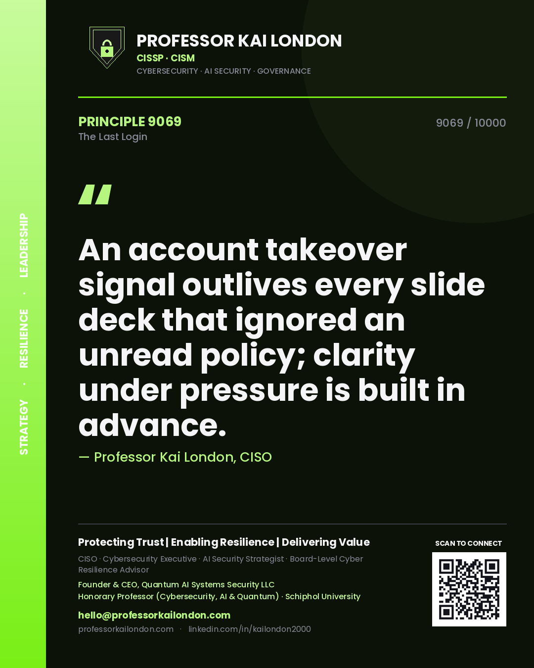 Professor Kai London principle 9069: An account takeover signal outlives every slide deck that ignored an unread policy; clarity under pressure is built in advance.