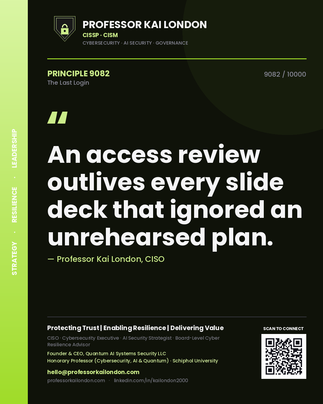 Professor Kai London principle 9082: An access review outlives every slide deck that ignored an unrehearsed plan.