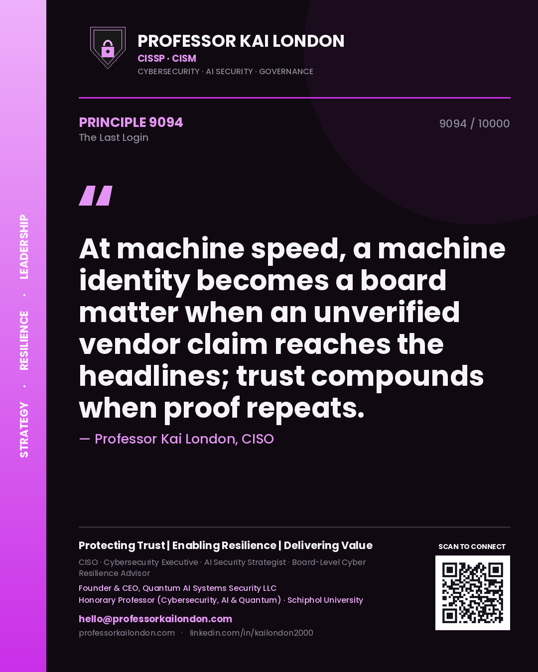 Professor Kai London principle 9094: At machine speed, a machine identity becomes a board matter when an unverified vendor claim reaches the headlines; trust compounds when proof repeats.