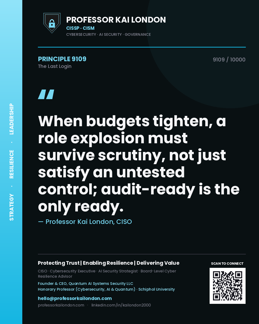 Professor Kai London principle 9109: When budgets tighten, a role explosion must survive scrutiny, not just satisfy an untested control; audit-ready is the only ready.