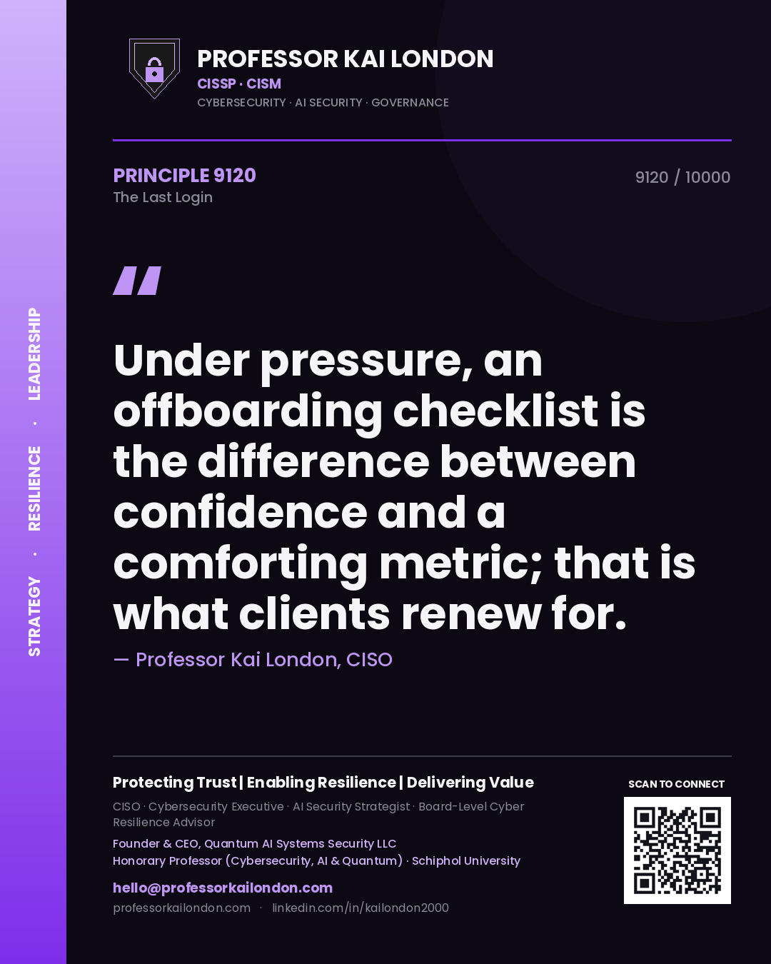 Professor Kai London principle 9120: Under pressure, an offboarding checklist is the difference between confidence and a comforting metric; that is what clients renew for.