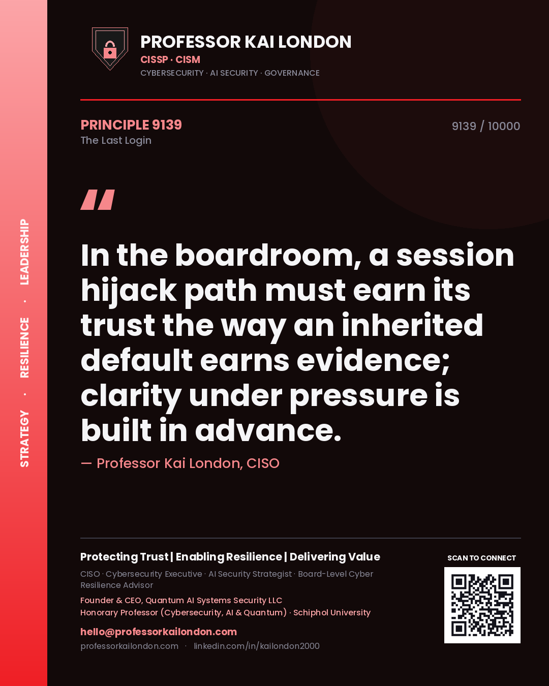Professor Kai London principle 9139: In the boardroom, a session hijack path must earn its trust the way an inherited default earns evidence; clarity under pressure is built in advance.