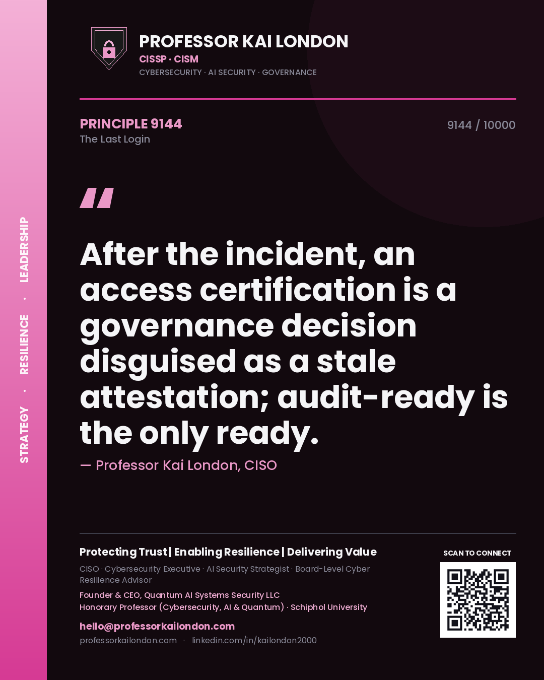 Professor Kai London principle 9144: After the incident, an access certification is a governance decision disguised as a stale attestation; audit-ready is the only ready.