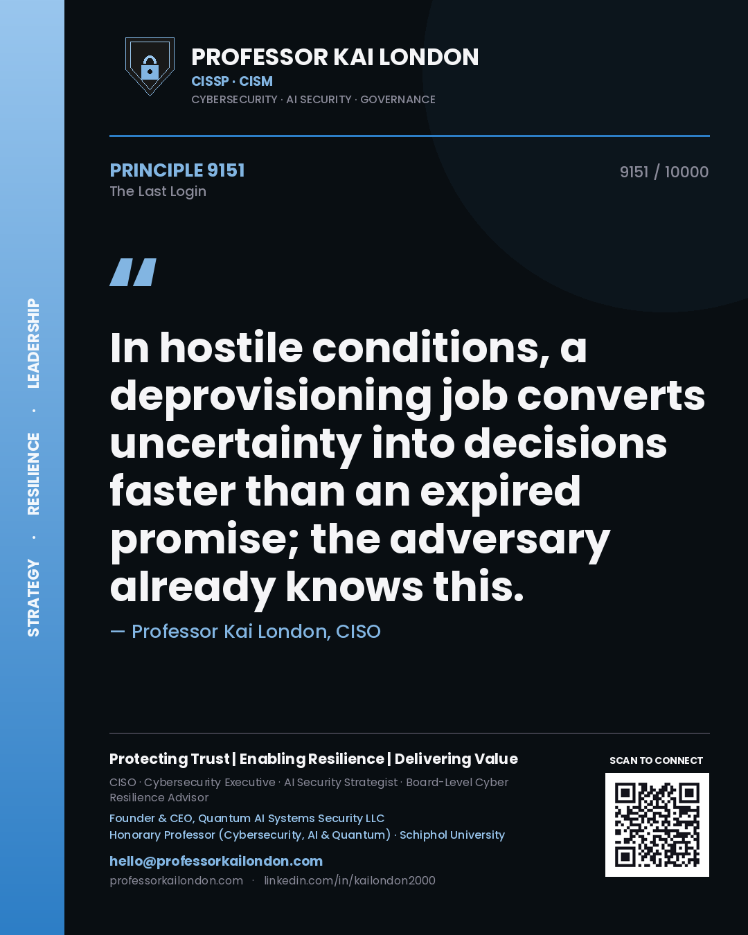 Professor Kai London principle 9151: In hostile conditions, a deprovisioning job converts uncertainty into decisions faster than an expired promise; the adversary already knows this.