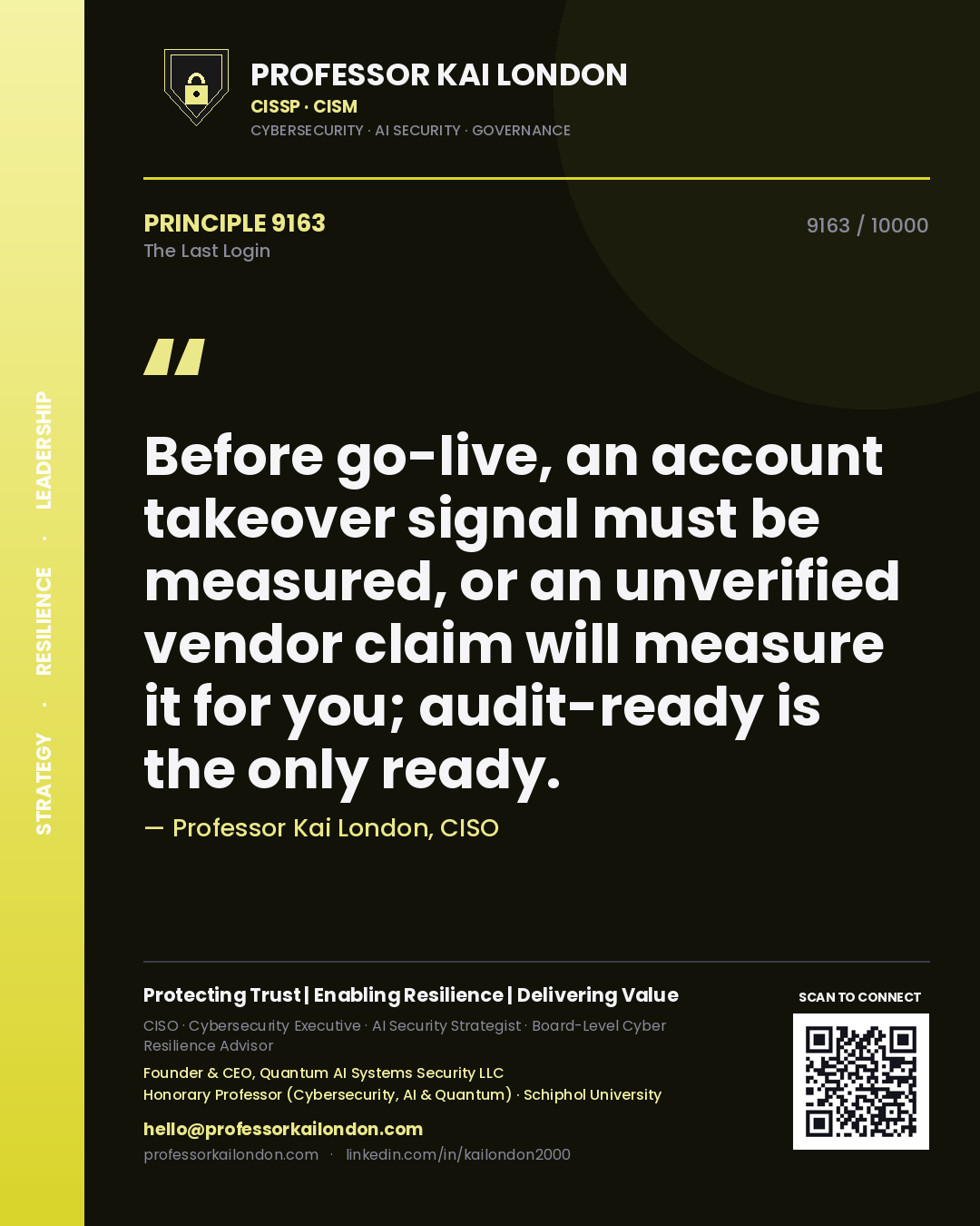 Professor Kai London principle 9163: Before go-live, an account takeover signal must be measured, or an unverified vendor claim will measure it for you; audit-ready is the only ready.