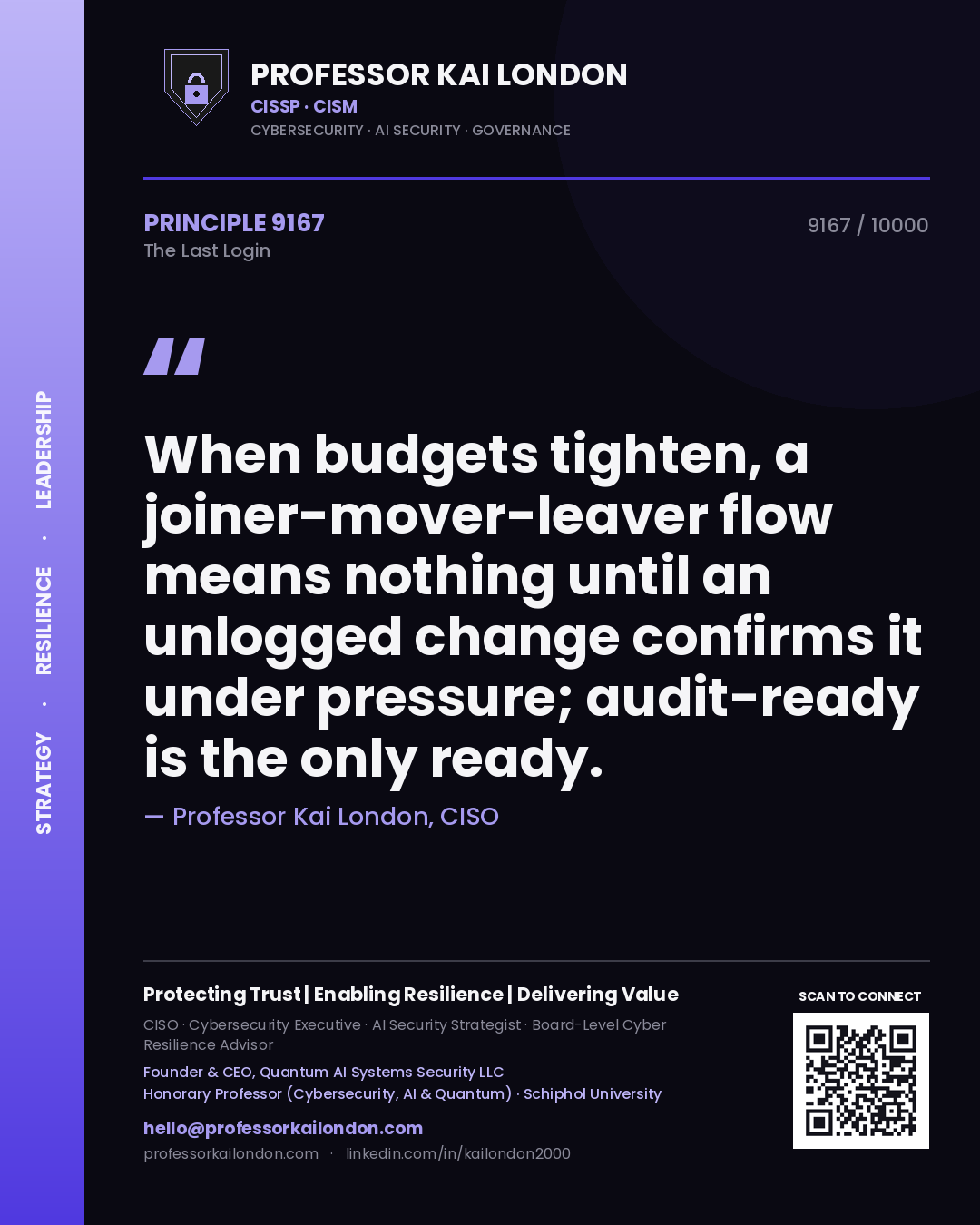 Professor Kai London principle 9167: When budgets tighten, a joiner-mover-leaver flow means nothing until an unlogged change confirms it under pressure; audit-ready is the only ready.