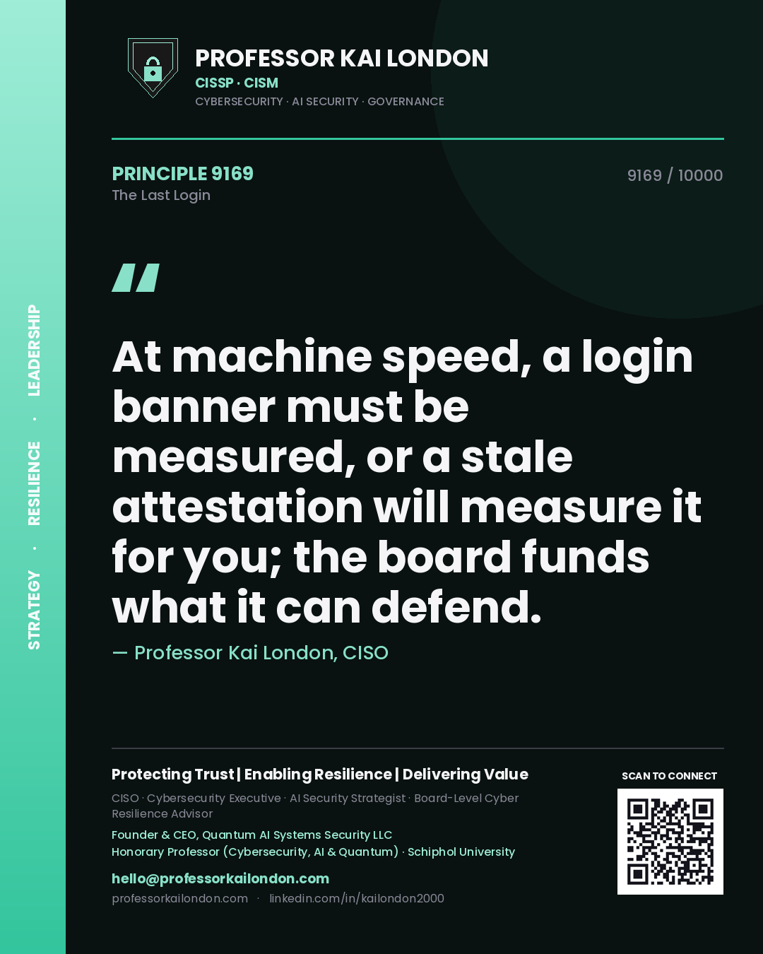 Professor Kai London principle 9169: At machine speed, a login banner must be measured, or a stale attestation will measure it for you; the board funds what it can defend.