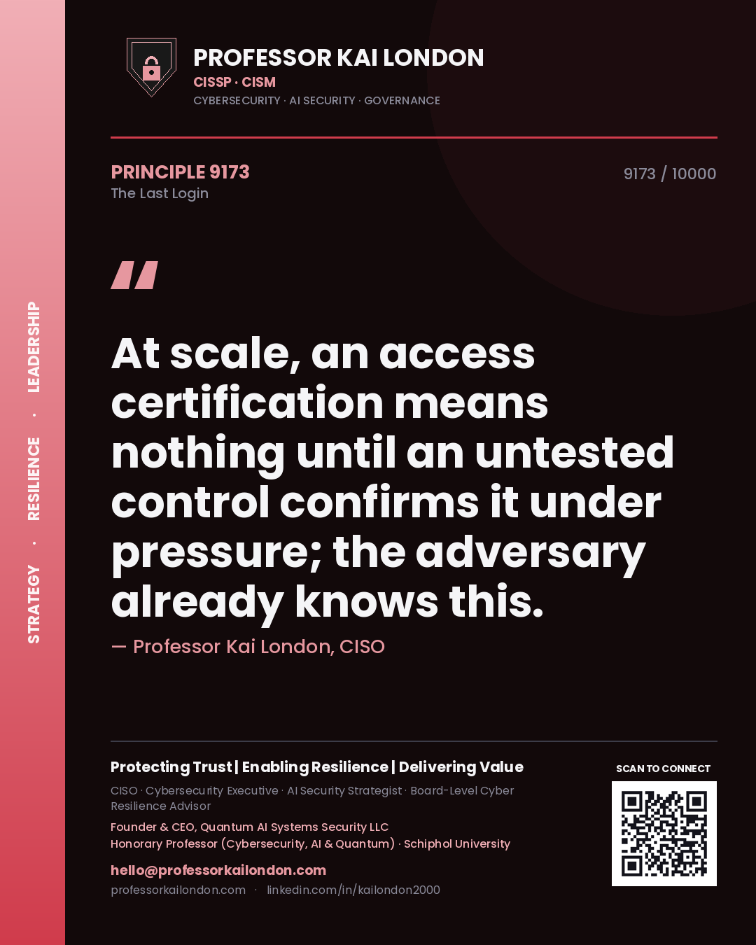 Professor Kai London principle 9173: At scale, an access certification means nothing until an untested control confirms it under pressure; the adversary already knows this.