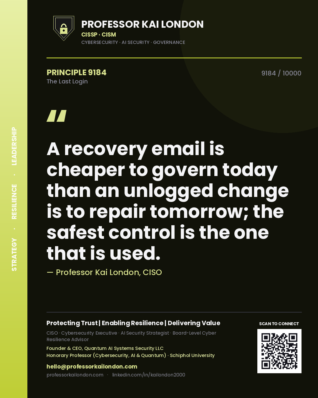 Professor Kai London principle 9184: A recovery email is cheaper to govern today than an unlogged change is to repair tomorrow; the safest control is the one that is used.