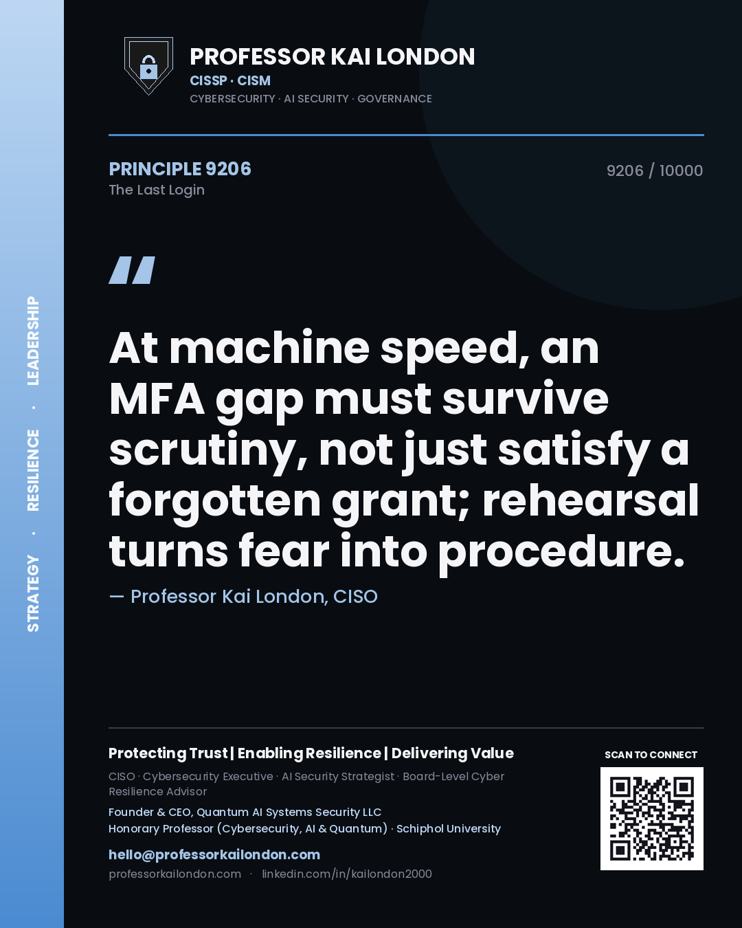 Professor Kai London principle 9206: At machine speed, an MFA gap must survive scrutiny, not just satisfy a forgotten grant; rehearsal turns fear into procedure.