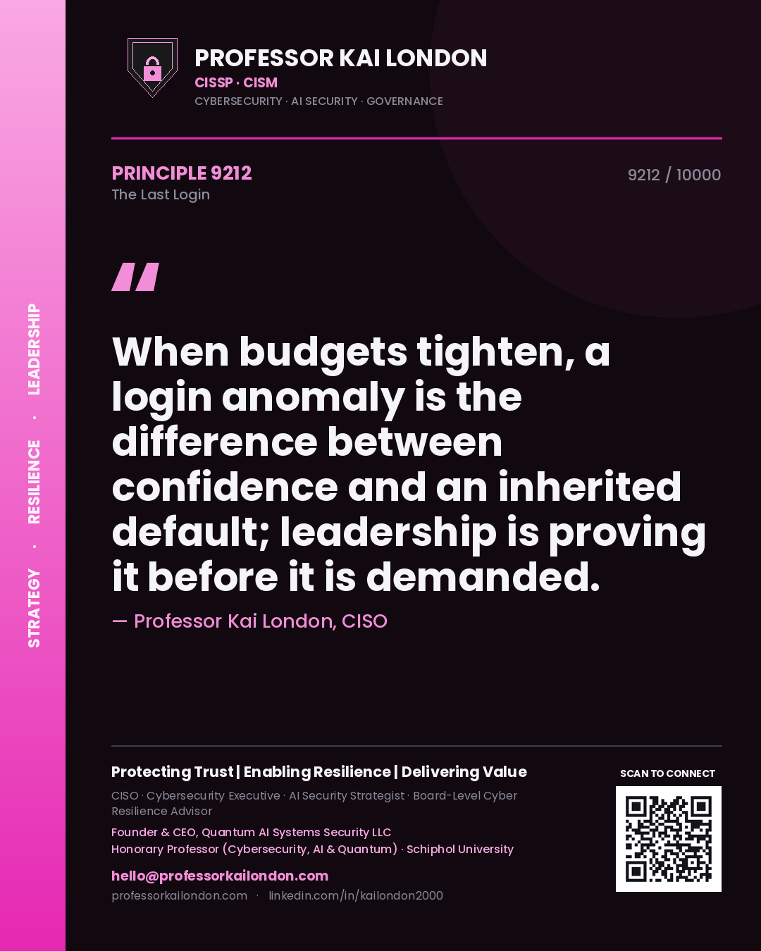 Professor Kai London principle 9212: When budgets tighten, a login anomaly is the difference between confidence and an inherited default; leadership is proving it before it is demanded.