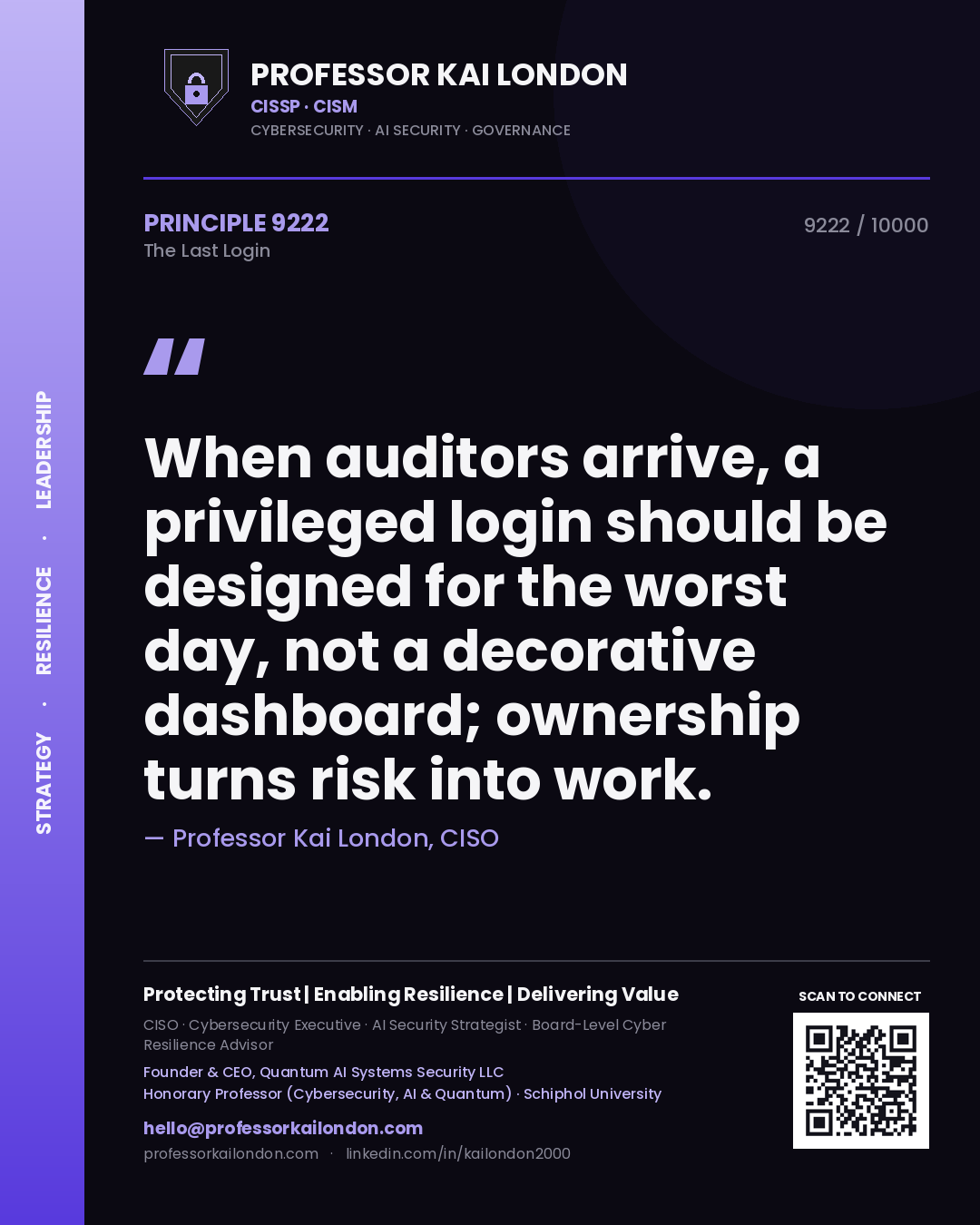 Professor Kai London principle 9222: When auditors arrive, a privileged login should be designed for the worst day, not a decorative dashboard; ownership turns risk into work.