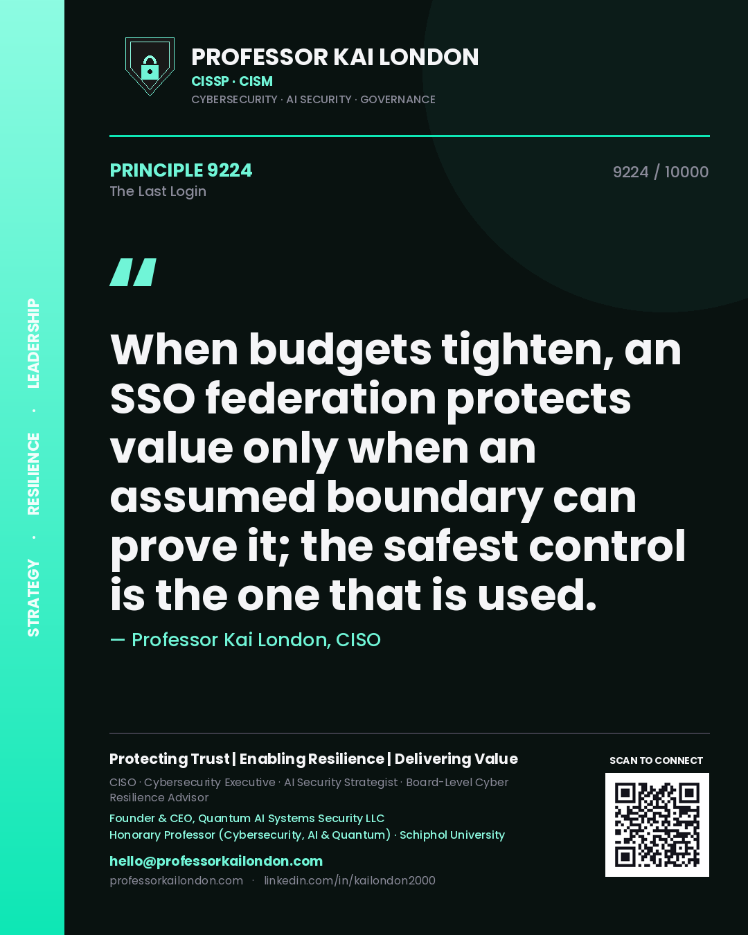 Professor Kai London principle 9224: When budgets tighten, an SSO federation protects value only when an assumed boundary can prove it; the safest control is the one that is used.