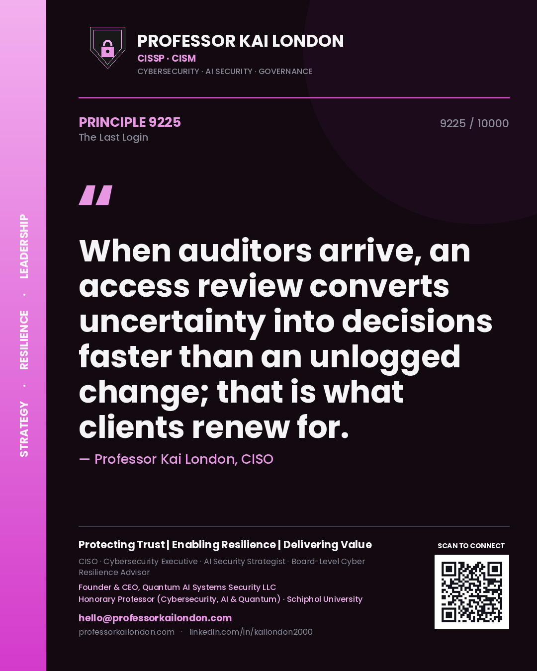Professor Kai London principle 9225: When auditors arrive, an access review converts uncertainty into decisions faster than an unlogged change; that is what clients renew for.