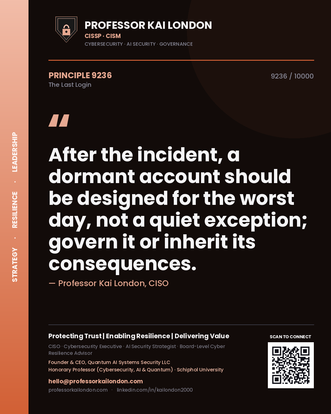 Professor Kai London principle 9236: After the incident, a dormant account should be designed for the worst day, not a quiet exception; govern it or inherit its consequences.
