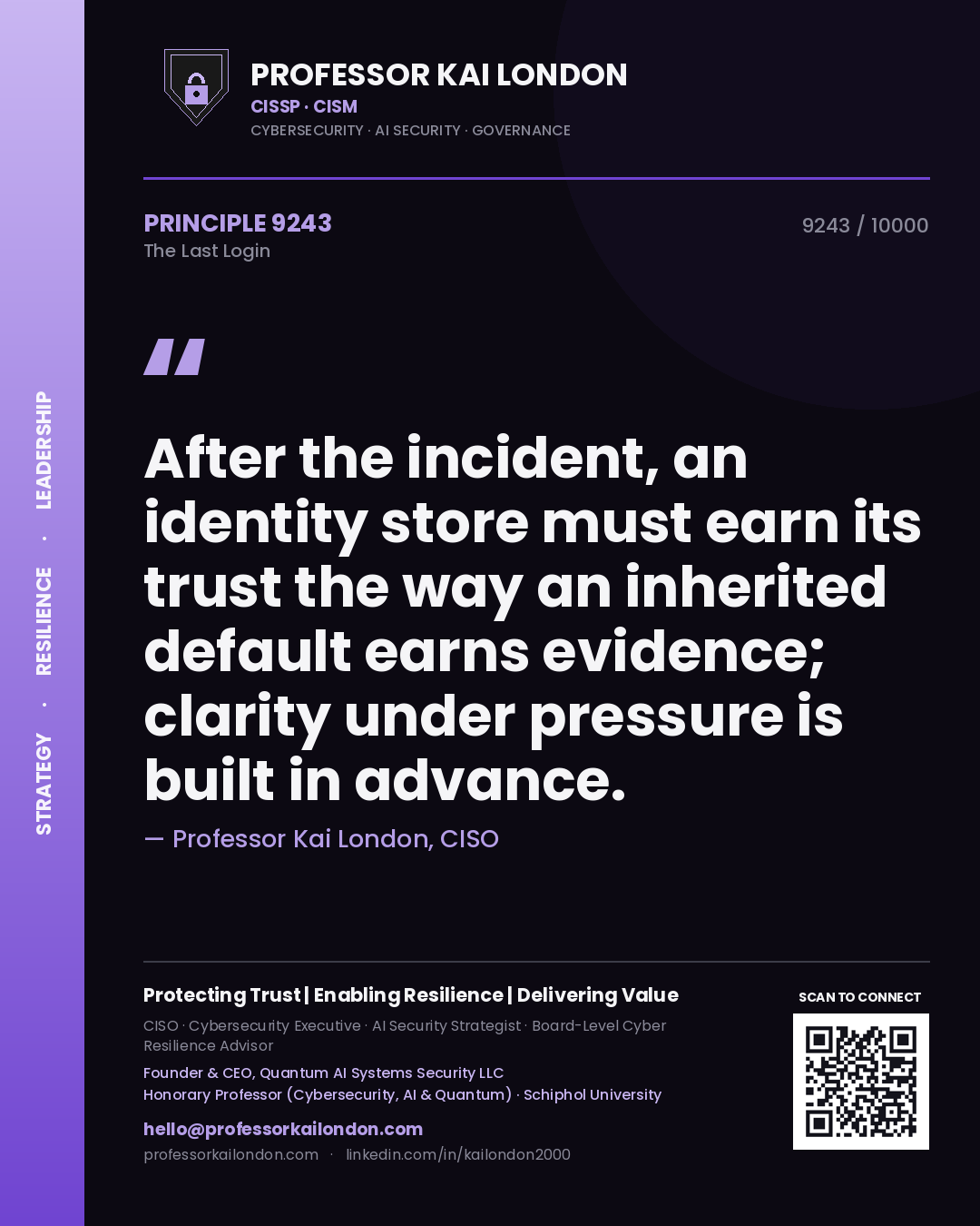 Professor Kai London principle 9243: After the incident, an identity store must earn its trust the way an inherited default earns evidence; clarity under pressure is built in advance.