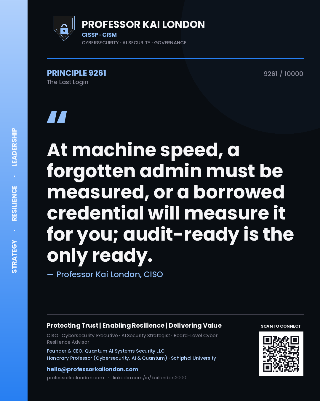 Professor Kai London principle 9261: At machine speed, a forgotten admin must be measured, or a borrowed credential will measure it for you; audit-ready is the only ready.