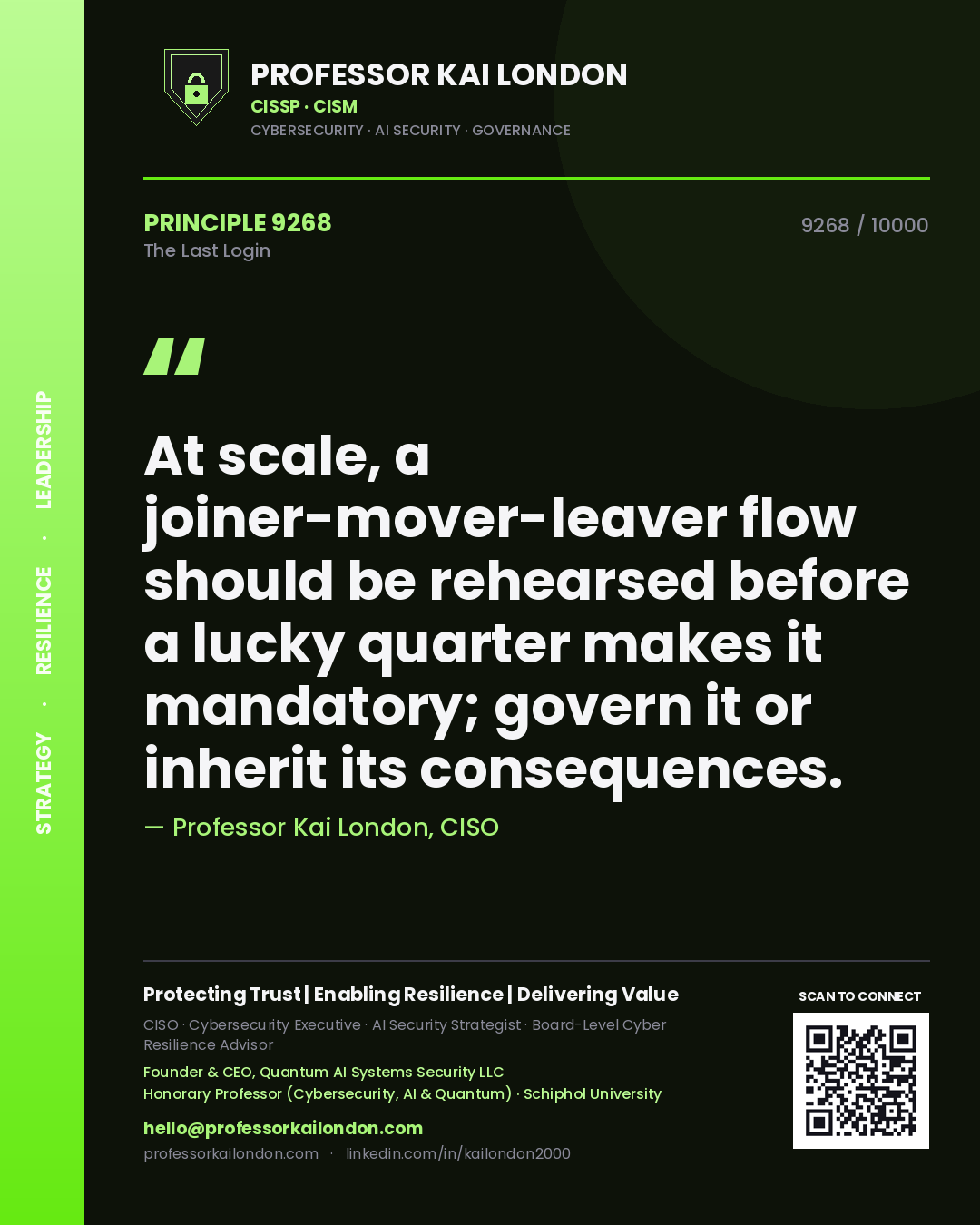 Professor Kai London principle 9268: At scale, a joiner-mover-leaver flow should be rehearsed before a lucky quarter makes it mandatory; govern it or inherit its consequences.