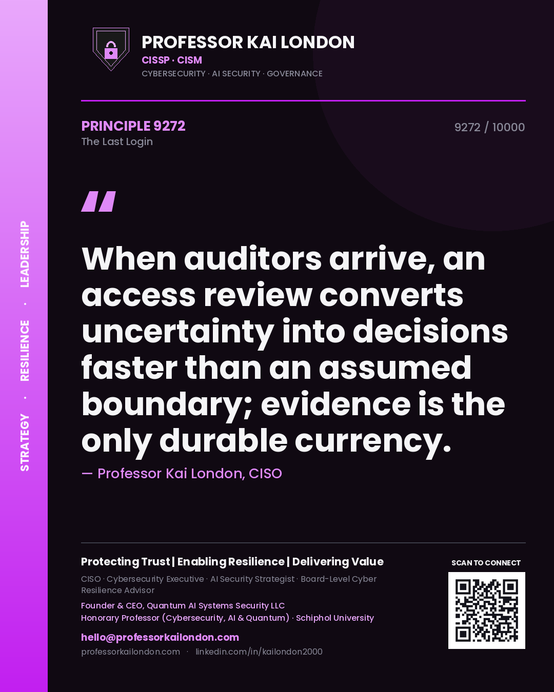 Professor Kai London principle 9272: When auditors arrive, an access review converts uncertainty into decisions faster than an assumed boundary; evidence is the only durable currency.