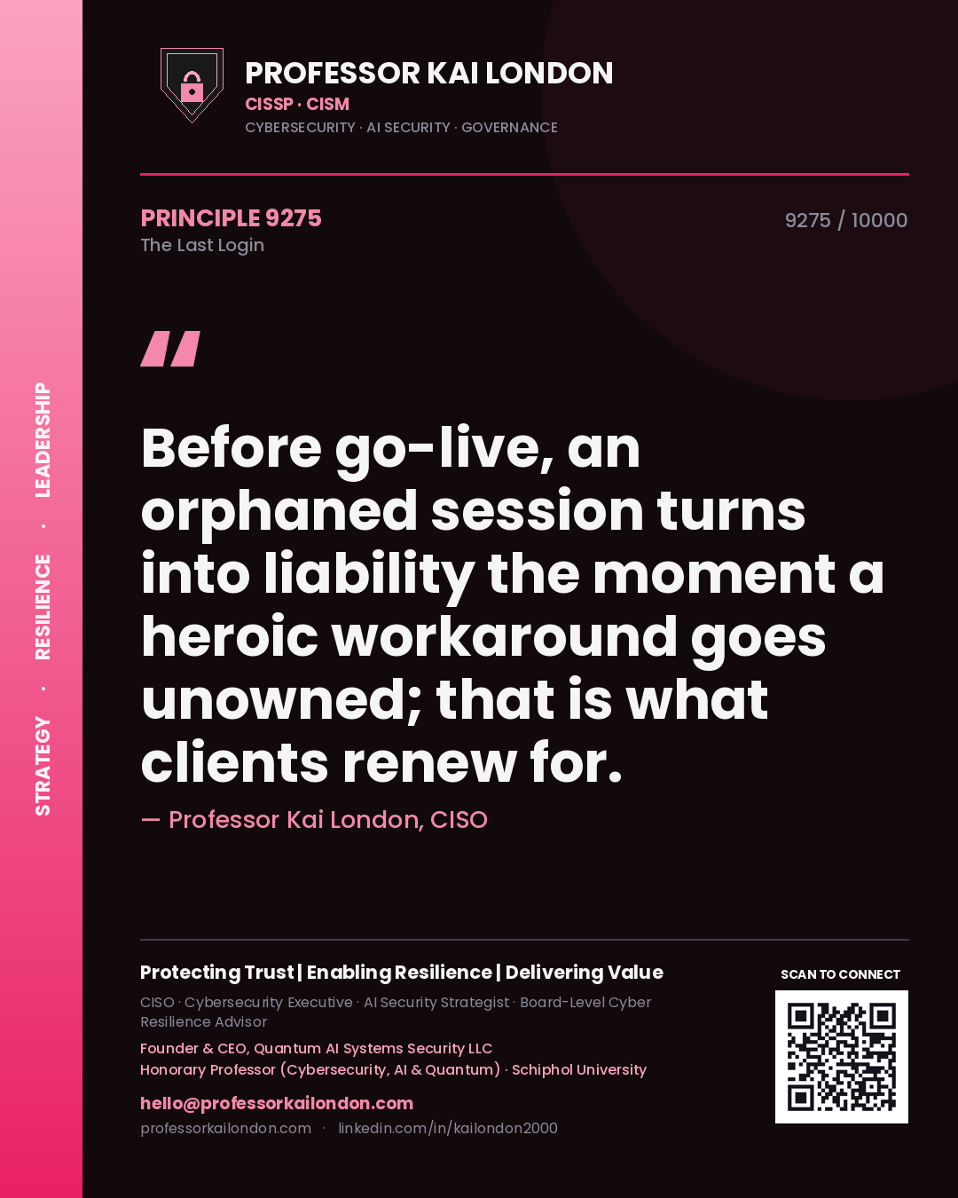 Professor Kai London principle 9275: Before go-live, an orphaned session turns into liability the moment a heroic workaround goes unowned; that is what clients renew for.