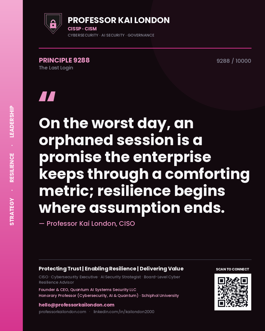 Professor Kai London principle 9288: On the worst day, an orphaned session is a promise the enterprise keeps through a comforting metric; resilience begins where assumption ends.