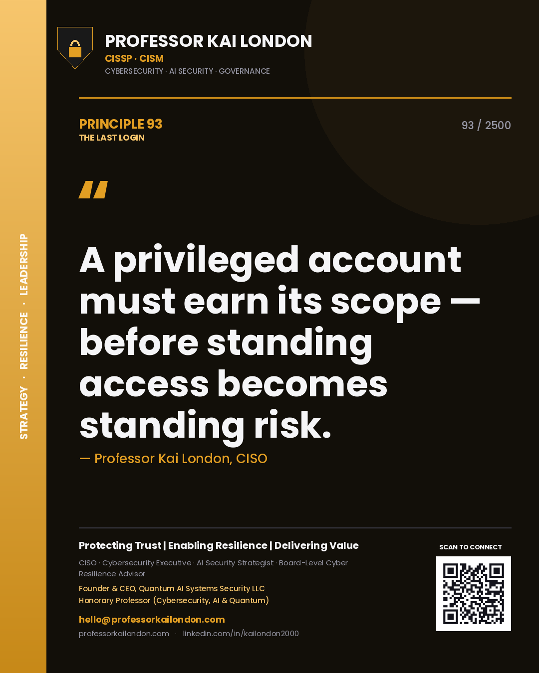 Professor Kai London principle 93: A privileged account must earn its scope — before standing access becomes standing risk.