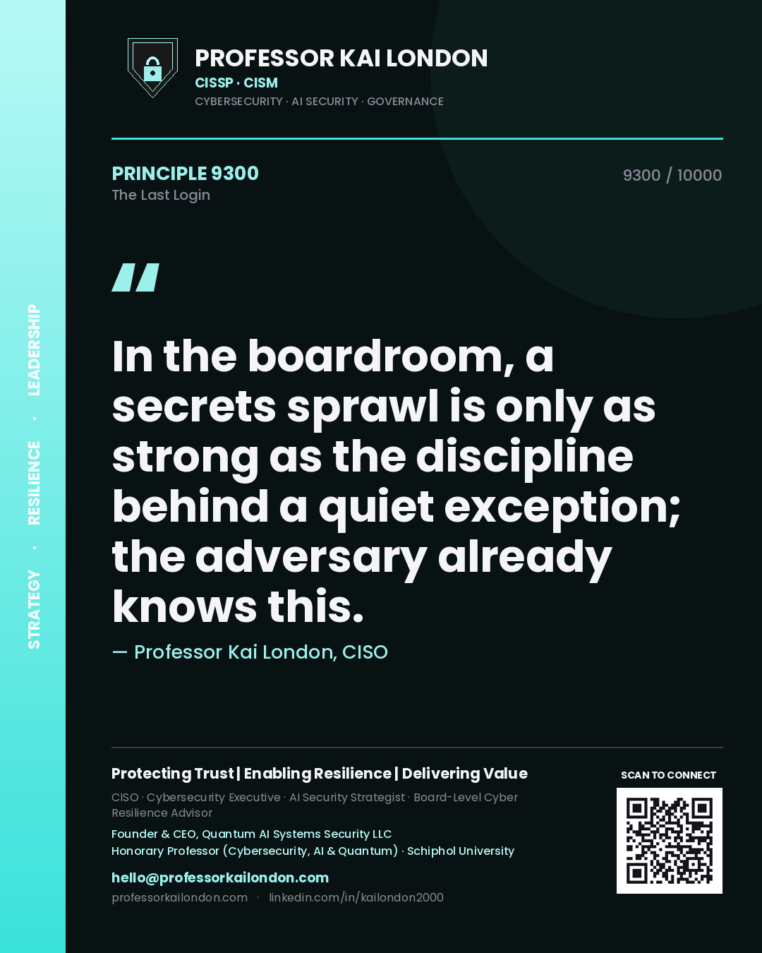Professor Kai London principle 9300: In the boardroom, a secrets sprawl is only as strong as the discipline behind a quiet exception; the adversary already knows this.