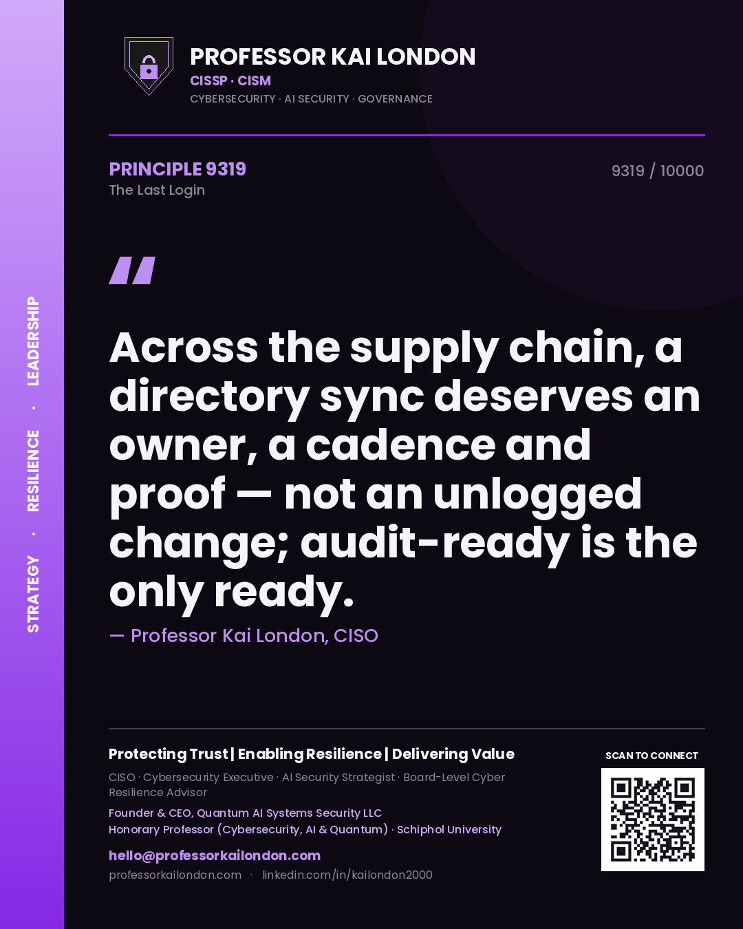 Professor Kai London principle 9319: Across the supply chain, a directory sync deserves an owner, a cadence and proof — not an unlogged change; audit-ready is the only ready.