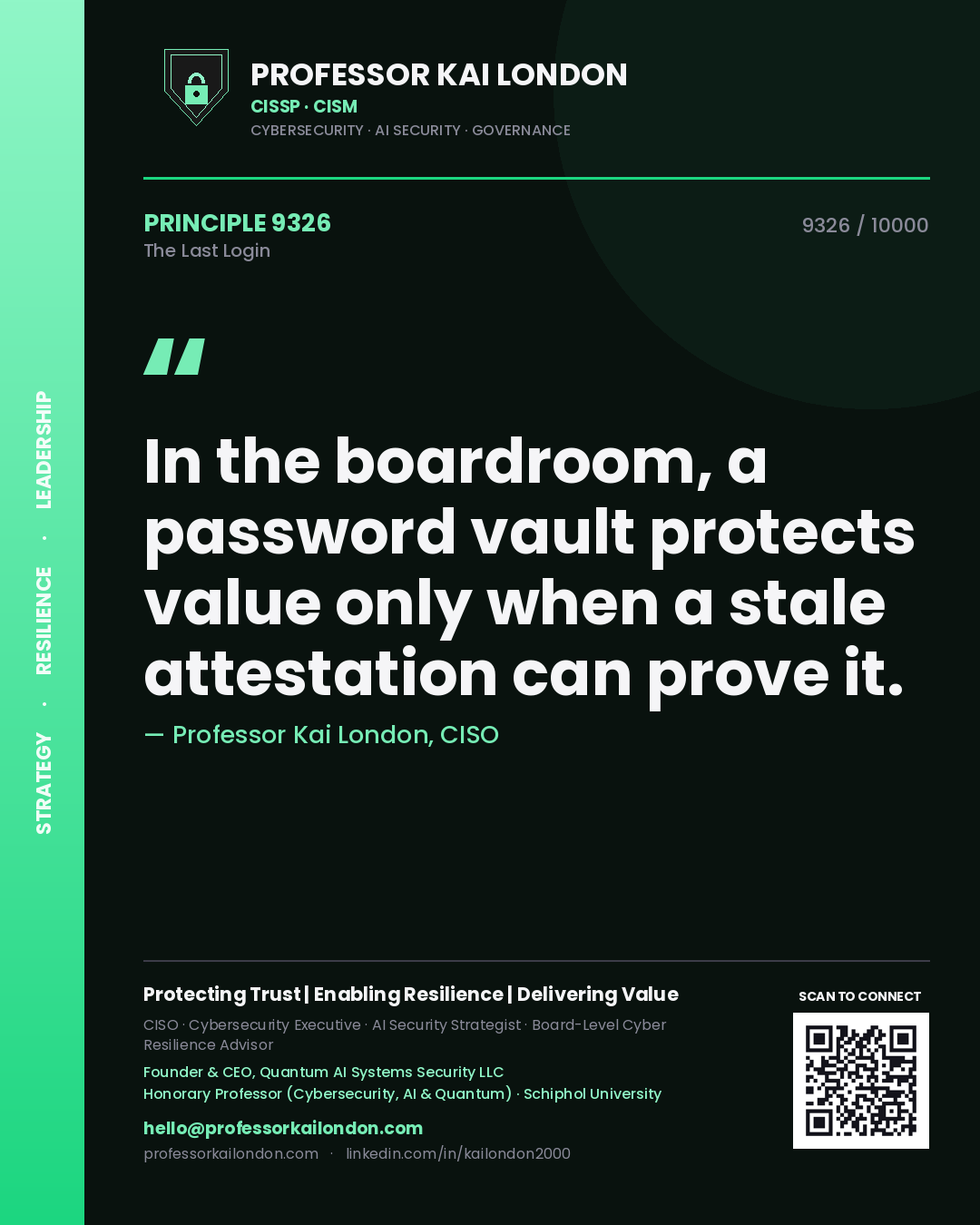 Professor Kai London principle 9326: In the boardroom, a password vault protects value only when a stale attestation can prove it.