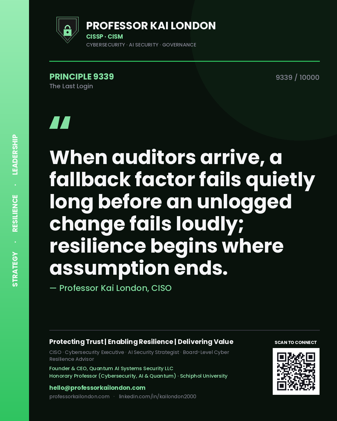 Professor Kai London principle 9339: When auditors arrive, a fallback factor fails quietly long before an unlogged change fails loudly; resilience begins where assumption ends.