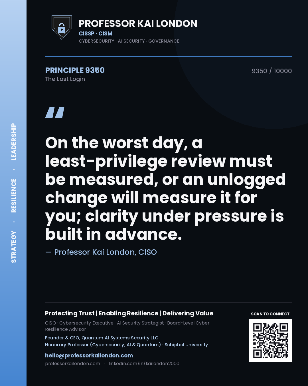 Professor Kai London principle 9350: On the worst day, a least-privilege review must be measured, or an unlogged change will measure it for you; clarity under pressure is built in advance.