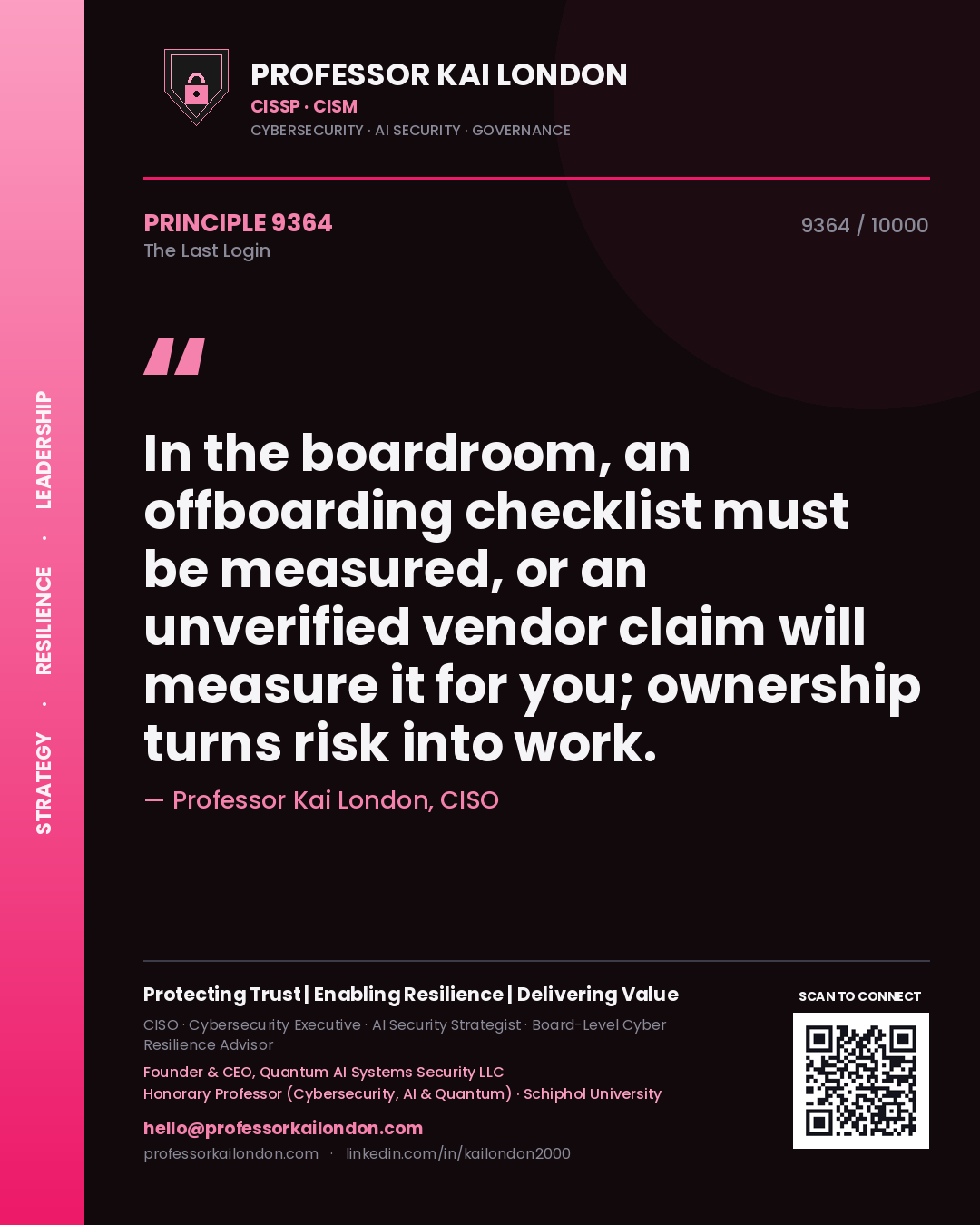 Professor Kai London principle 9364: In the boardroom, an offboarding checklist must be measured, or an unverified vendor claim will measure it for you; ownership turns risk into work.