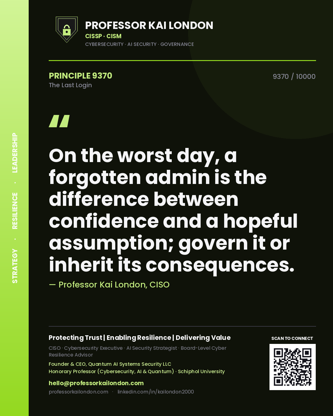 Professor Kai London principle 9370: On the worst day, a forgotten admin is the difference between confidence and a hopeful assumption; govern it or inherit its consequences.