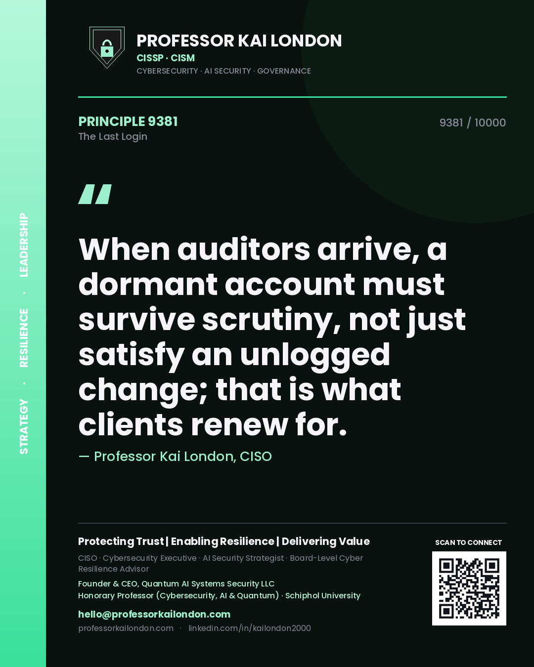 Professor Kai London principle 9381: When auditors arrive, a dormant account must survive scrutiny, not just satisfy an unlogged change; that is what clients renew for.