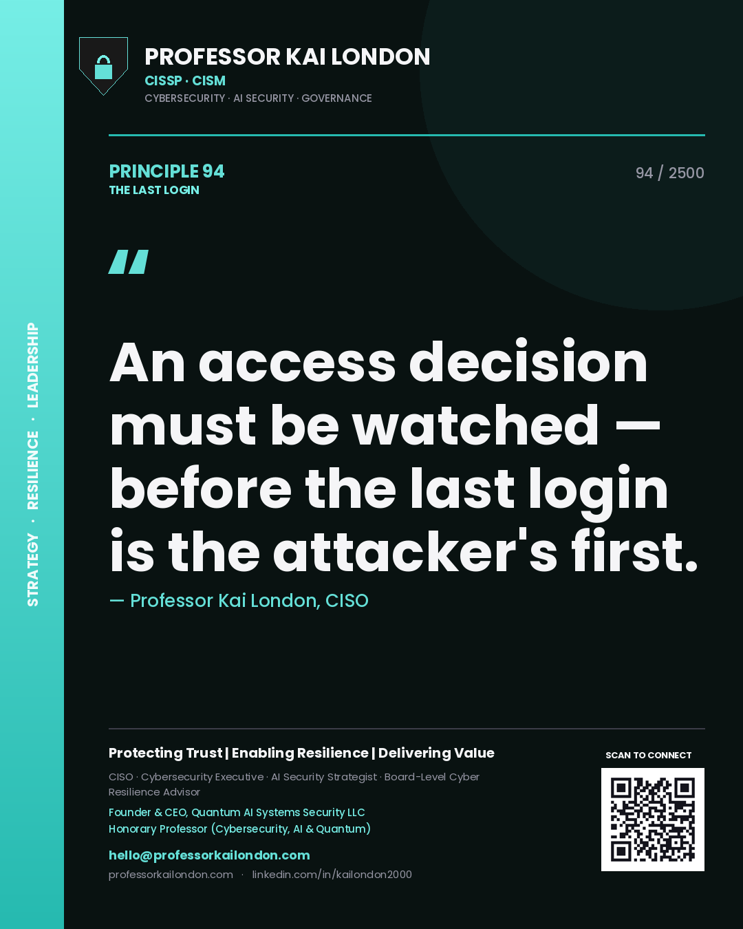 Professor Kai London principle 94: An access decision must be watched — before the last login is the attacker's first.