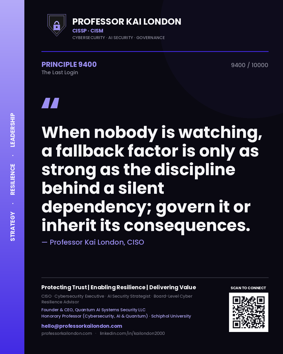 Professor Kai London principle 9400: When nobody is watching, a fallback factor is only as strong as the discipline behind a silent dependency; govern it or inherit its consequences.