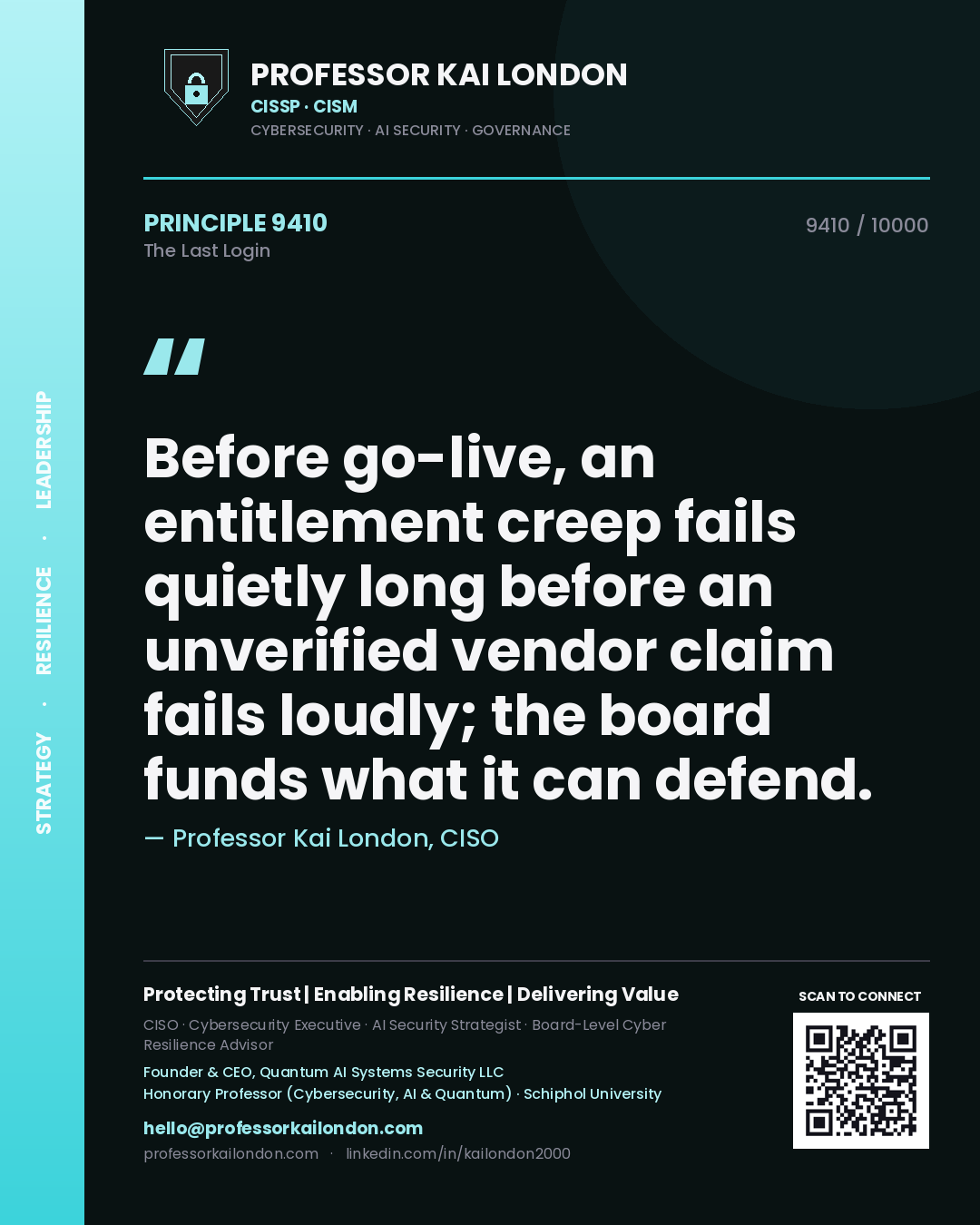 Professor Kai London principle 9410: Before go-live, an entitlement creep fails quietly long before an unverified vendor claim fails loudly; the board funds what it can defend.