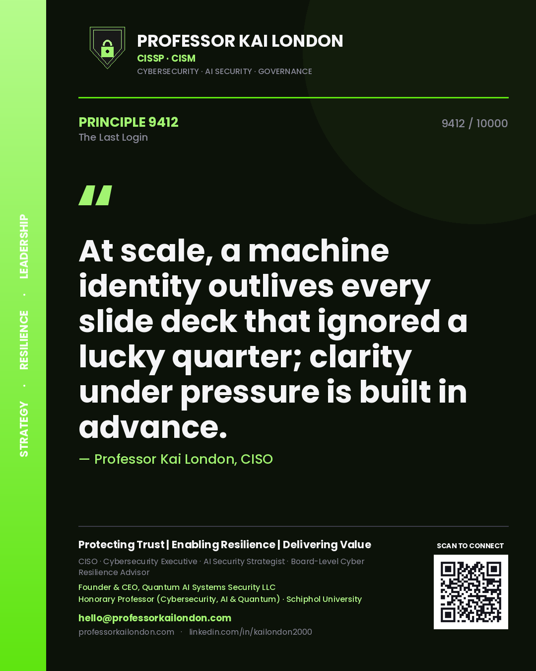 Professor Kai London principle 9412: At scale, a machine identity outlives every slide deck that ignored a lucky quarter; clarity under pressure is built in advance.