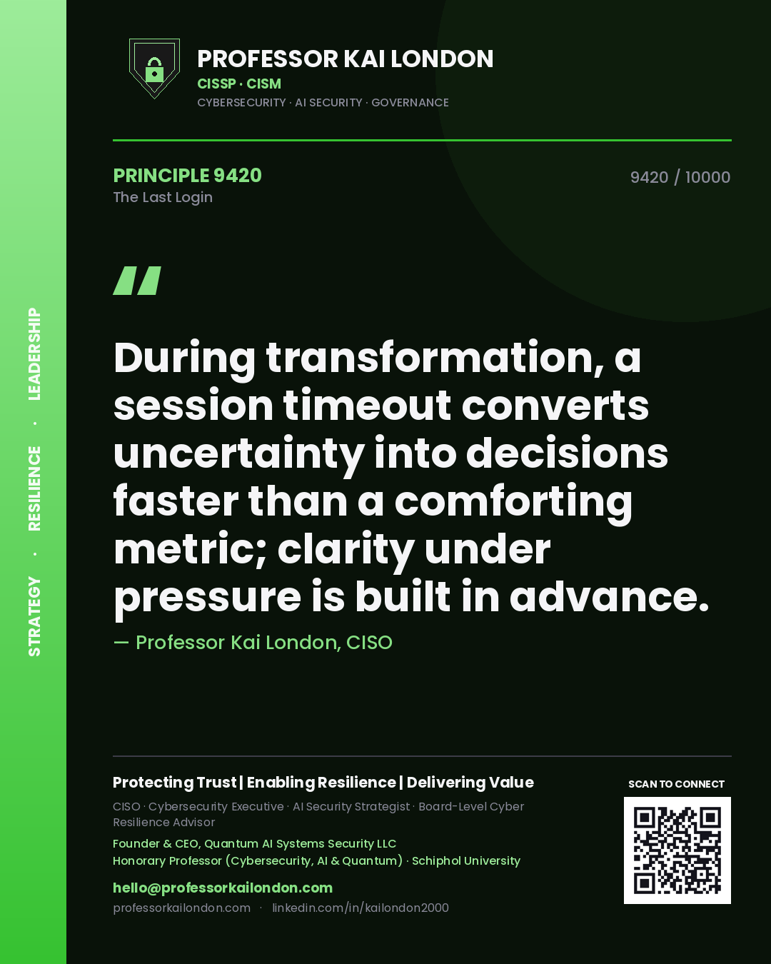 Professor Kai London principle 9420: During transformation, a session timeout converts uncertainty into decisions faster than a comforting metric; clarity under pressure is built in advance.