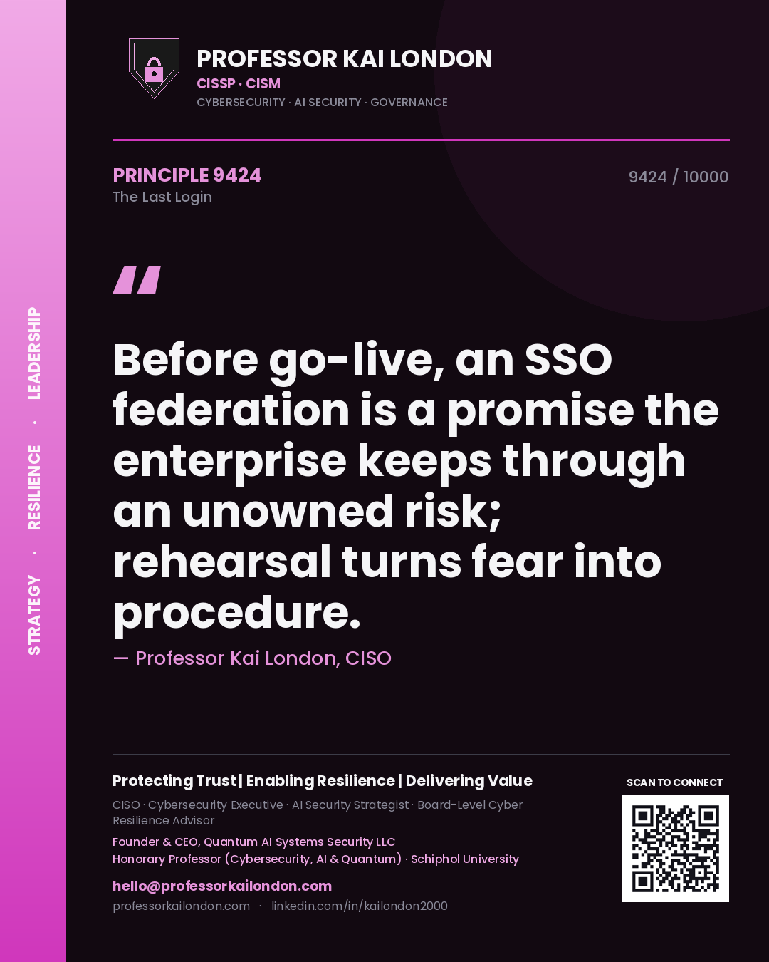 Professor Kai London principle 9424: Before go-live, an SSO federation is a promise the enterprise keeps through an unowned risk; rehearsal turns fear into procedure.