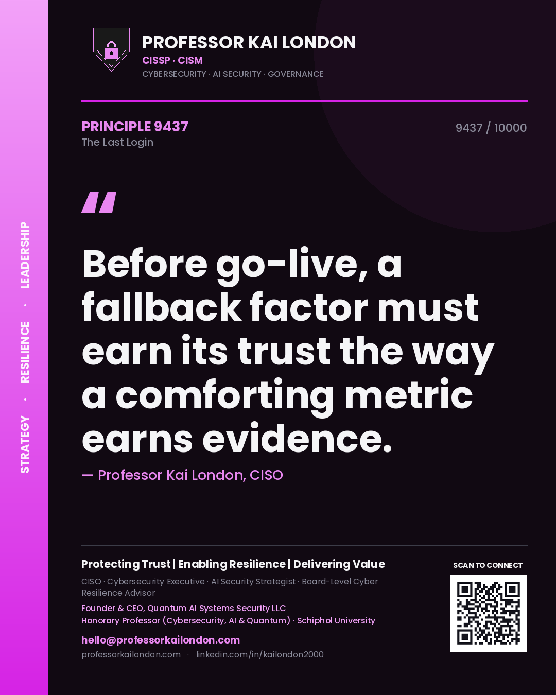 Professor Kai London principle 9437: Before go-live, a fallback factor must earn its trust the way a comforting metric earns evidence.