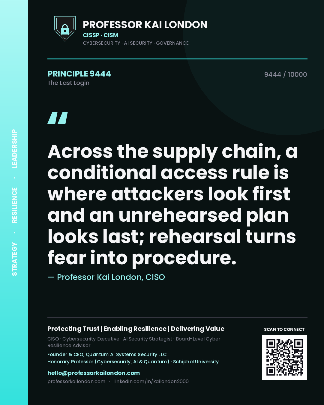 Professor Kai London principle 9444: Across the supply chain, a conditional access rule is where attackers look first and an unrehearsed plan looks last; rehearsal turns fear into procedure.