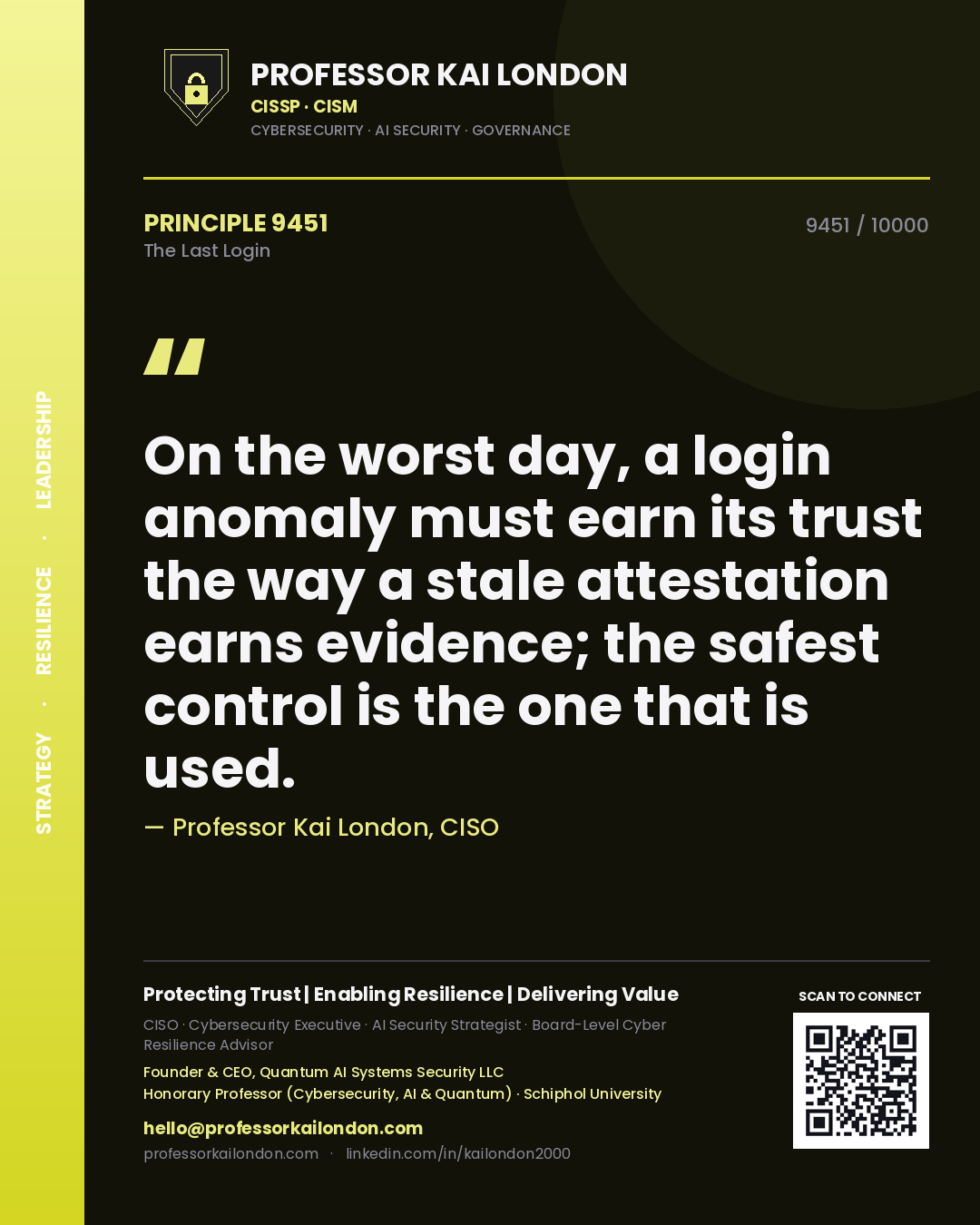 Professor Kai London principle 9451: On the worst day, a login anomaly must earn its trust the way a stale attestation earns evidence; the safest control is the one that is used.